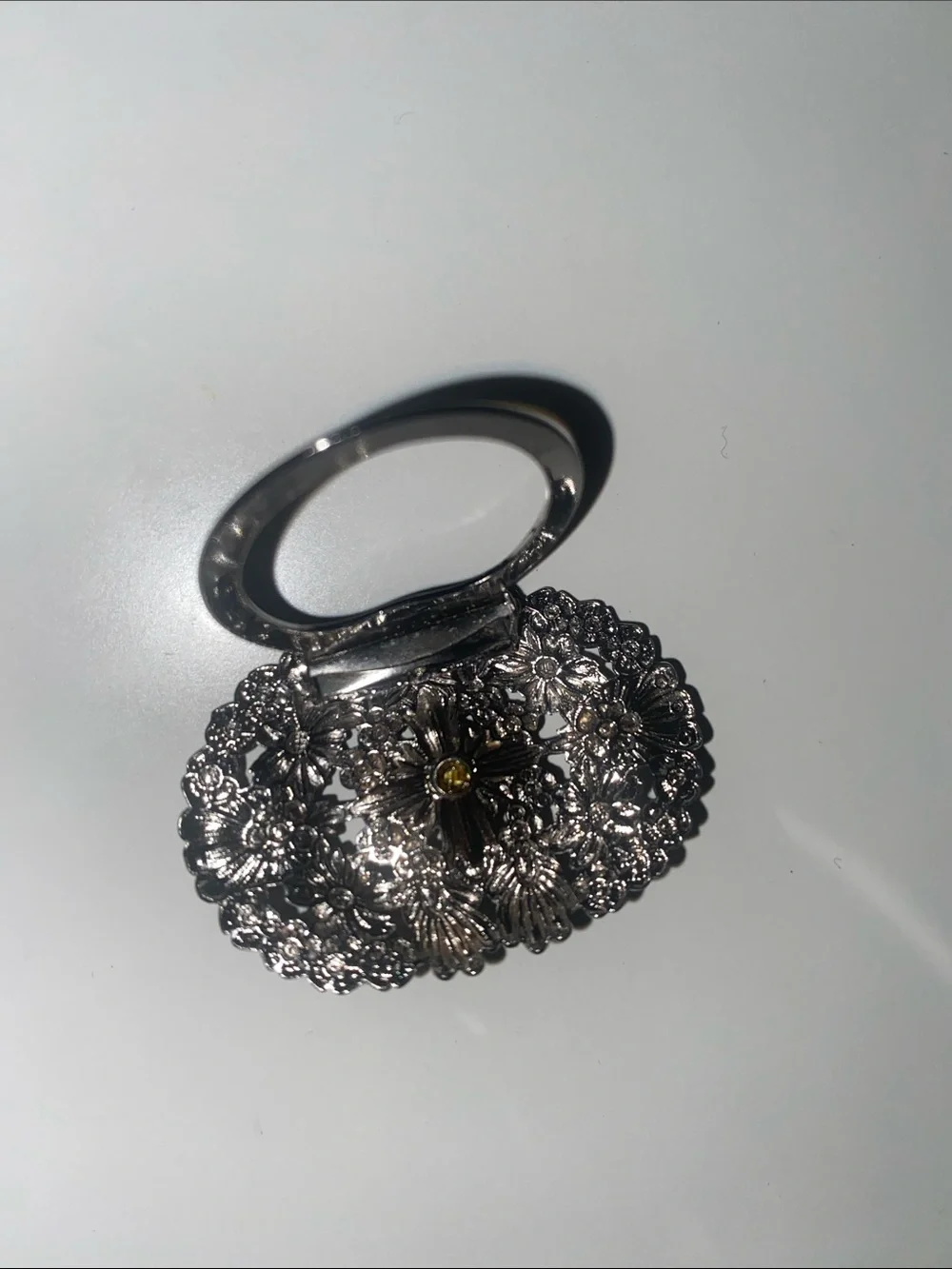 Dark Silver Filigree Floral Scarf Pin or Brooch with Pearl Accent Gunmetal